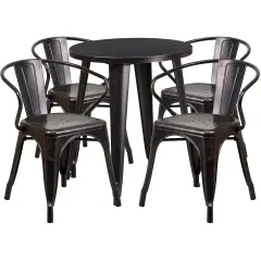 Emma and Oliver Commercial Grade 24" Round Metal Indoor-Outdoor Table Set with 4 Arm Chairs Black-Antique Gold