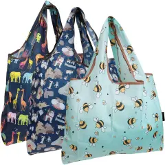 Wrapables Large Foldable Tote Nylon Reusable Grocery Bag, 3 Pack Animal Fun