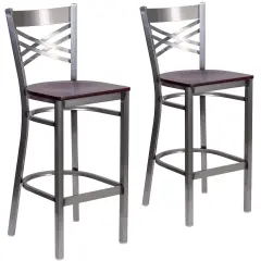 Emma and Oliver 2 Pack Clear Coated "X" Back Metal Restaurant Barstool Mahogany/ClearCoated