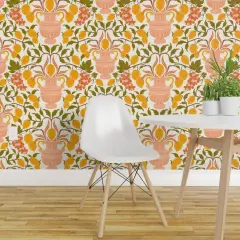 Peel & Stick Wallpaper 2FT Wide Floral Pink Fruit Damask Lemons Italian Botanical Grapes Vases Grape Vines Lemon Large Scale Rococo Classical Custom Removable Wallpaper by Spoonflower