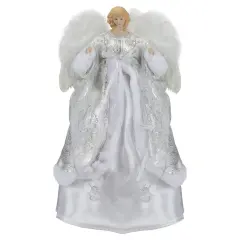 Northlight 18" Blonde Angel in White and Sliver Dress with Faux Fur Trim Christmas Tree Topper