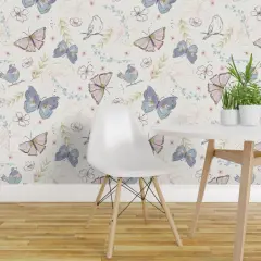 Pre-Pasted Wallpaper 2FT Wide Garden Butterfly Songbird Pastel Pink Purple Botanical Whimsical Soft Pastels Floral Custom Pre-pasted Wallpaper by Spoonflower