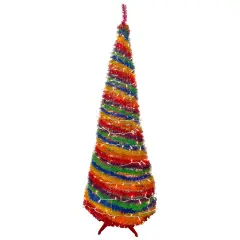 Northlight 6' Pre-Lit Rainbow Tinsel Pop-Up Artificial Christmas Tree, Clear Lights Multi