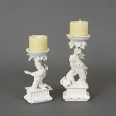 Melrose Set of 2 Snow Drift Distressed White Bird Pedestal Pillar Candle Holders 15"