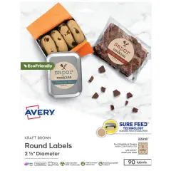 Avery Kraft Brown Round Labels with Sure Feed Technology, 2.5" Diameter, Print to the Edge, Laser/Inkjet Printable Labels, 90 Total (22818)
