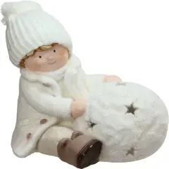 Northlight Christmas Snowball with Sitting Boy Tealight Candle Holder - 12.5" - White