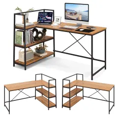 Costway Reversible L Shaped Computer Desk Corner Workstation with 3-Tier Open Shelf