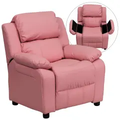 Emma and Oliver Deluxe Padded Contemporary Kids Recliner with Storage Arms Pink Vinyl