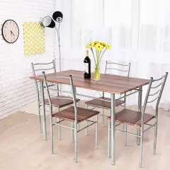 5 pcs Wood Metal Dining Table Set with 4 Chairs Walnut