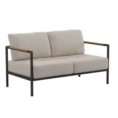 Merrick Lane Eastport Outdoor Loveseat with Removable Plush Fabric Cushions and Teak Accented Aluminum Frame Light Gray
