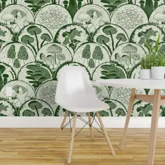 Peel & Stick Wallpaper 2FT Wide Green Mushrooms Scallop Woodland Block Print Forest Botanical Cottagecore Garden Custom Removable Wallpaper by Spoonflower