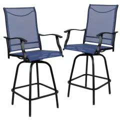 Merrick Lane Set of 2 Brett High Back Bar Height Swivel Patio Stools with Powder Coated Metal Frames and Textilene Upholstery Navy