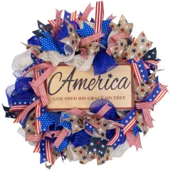 Northlight Stars and Stripes "America, God Shed His Grace on Thee" Patriotic Bow Wreath - 18" Blue