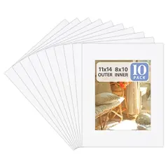 Pack of 10, 11x14 for 8x10 Color Picture Photo Mat -White-core, Acid-Free - Great for Frames, Artwork, Prints, Pictures, White