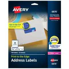 Avery Address Labels with Sure Feed for Color Laser Printers, Print-to-the-Edge, 3/4" x 2-1/4", 750 White Labels (6870)