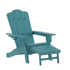 Merrick Lane Nassau Adirondack Chair with Cup Holder and Pull Out Ottoman, All-Weather HDPE Indoor/Outdoor Lounge Chair Blue