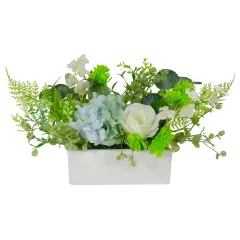 Northlight Hydrangea and Rose Artificial Floral Arrangement in Planter - 14" - Blue and White Green