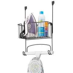 mDesign Metal Over Door Ironing Board Holder with Large Storage Basket