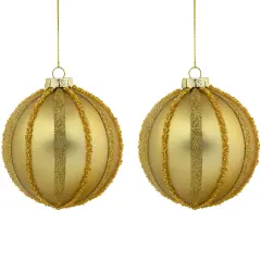 Northlight Glitter and Beads Striped Christmas Glass Ball Ornaments - 4" - Gold - Set of 2