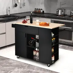 Drop-Leaf Kitchen Island with Rubber Wood Top Black