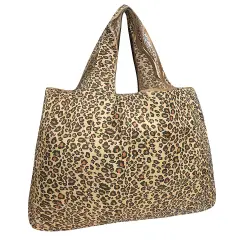 Wrapables Large Foldable Tote Nylon Reusable Grocery Bag Leopard Print