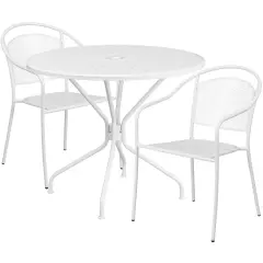 Emma and Oliver Commercial 35.25" Round Metal Garden Patio Table Set w/ 2 Round Back Chairs White
