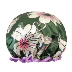Wrapables Reusable Women's Waterproof Shower Caps for Long Hair Lilies Green