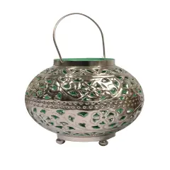 Kaemingk 8" Tropicalia Silver and Green Cut-Out Floral Votive Candle Holder