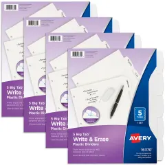 Avery Durable Plastic Write & Erase Big Tab Dividers for 3 Ring Binder, White, 5 Tab Set, 4 Packs, 4 Sets Total (16370)