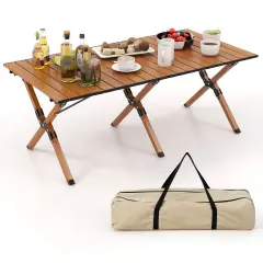 Costway Folding Aluminum Camping Table withCarry Bag Roll-Up Picnic Table withWood Grain
