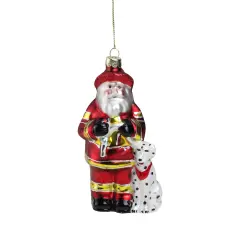 Northlight Fireman Santa Claus with Dalmatian Glass Christmas Ornament - 5" - Red and White