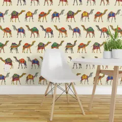 Peel & Stick Wallpaper 2FT Wide Exotic Desert Animal Camel Pom Poms Tassels Whimsical Maximalist Colorful Custom Removable Wallpaper by Spoonflower