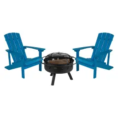 Merrick Lane Ayala 3 Piece Outdoor Leisure Set with Set of 2 Poly Resin Adirondack Chairs and Star and Moon Iron Fire Pit Blue