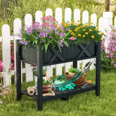 Elevated Planter Box with Drainage Poly Wood Raised Garden Bed for Vegetables and Herbs Black