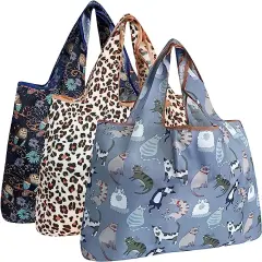 Wrapables Large Foldable Tote Nylon Reusable Grocery Bags, 3 Pack Owls & Cats