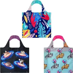 Wrapables Allybag Foldable & Lightweight Reusable Grocery Bag, 3 Pack Adventure Cats