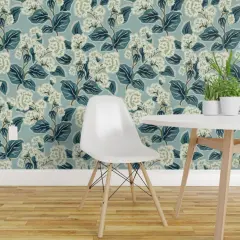 Peel & Stick Wallpaper 2FT Wide Farmhouse Floral Blue Botanical Traditional Transitional Cottage Custom Removable Wallpaper by Spoonflower