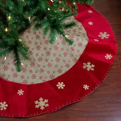 Northlight 60" Burlap Glittered Snowflake Rustic Christmas Tree Skirt with Red Velvet Trim Beige