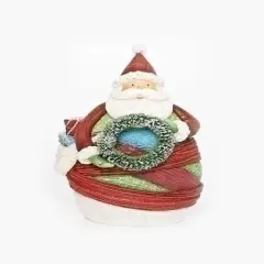 Roman 6.5" Red and White Striped Yarn Wrapped Santa Claus with Wreath Christmas Figurine