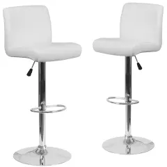 Emma and Oliver 2 Pack Contemporary Vinyl Adjustable Height Barstool with Rolled Seat and Chrome Base White