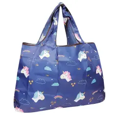 Wrapables Large Foldable Tote Nylon Reusable Grocery Bag Unicorns & Rainbows