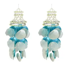 Set of 2 Coastal Blue and White Capiz and Cowrie Shell Wind Chimes Garden Patio