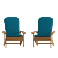 Merrick Lane Riviera Set of 2 Weather Resistant Adirondack Patio Chairs With Vertical Lattice Backs and Comfort Foam Cushions Teak/Teal