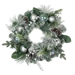 Northlight Flocked Pine Artificial Christmas Wreath with Iridescent Ornaments, 24-Inch, Unlit Green