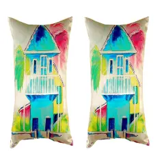 Pair of Betsy Drake W. Palm Hut Blue No Cord Pillows 16 Inch X 20 Inch