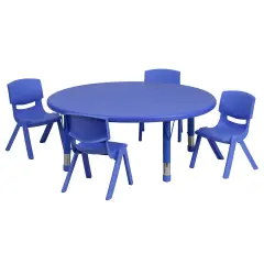 Emma and Oliver 45" Round Plastic Height Adjustable Activity Table Set with 4 Chairs Blue