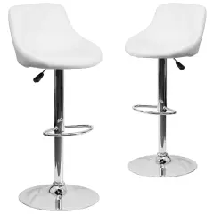 Emma and Oliver 2 Pack Contemporary Vinyl Bucket Seat Adjustable Height Barstool with Diamond Pattern Back and Chrome Base White