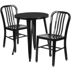 Emma and Oliver Commercial Grade 24" Round Metal Indoor-Outdoor Table Set & 2 Slat Back Chairs Black