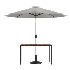 Merrick Lane Outdoor Powder Coated Steel Dining Table with Faux Teak Poly Slat Top, 9' Patio Umbrella and Base Gray