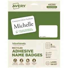 Avery EcoFriendly Recycled Name Tags, 2-1/3" x 3-3/8", White, Removable Adhesive, 80 Printable Name Badges (48395)